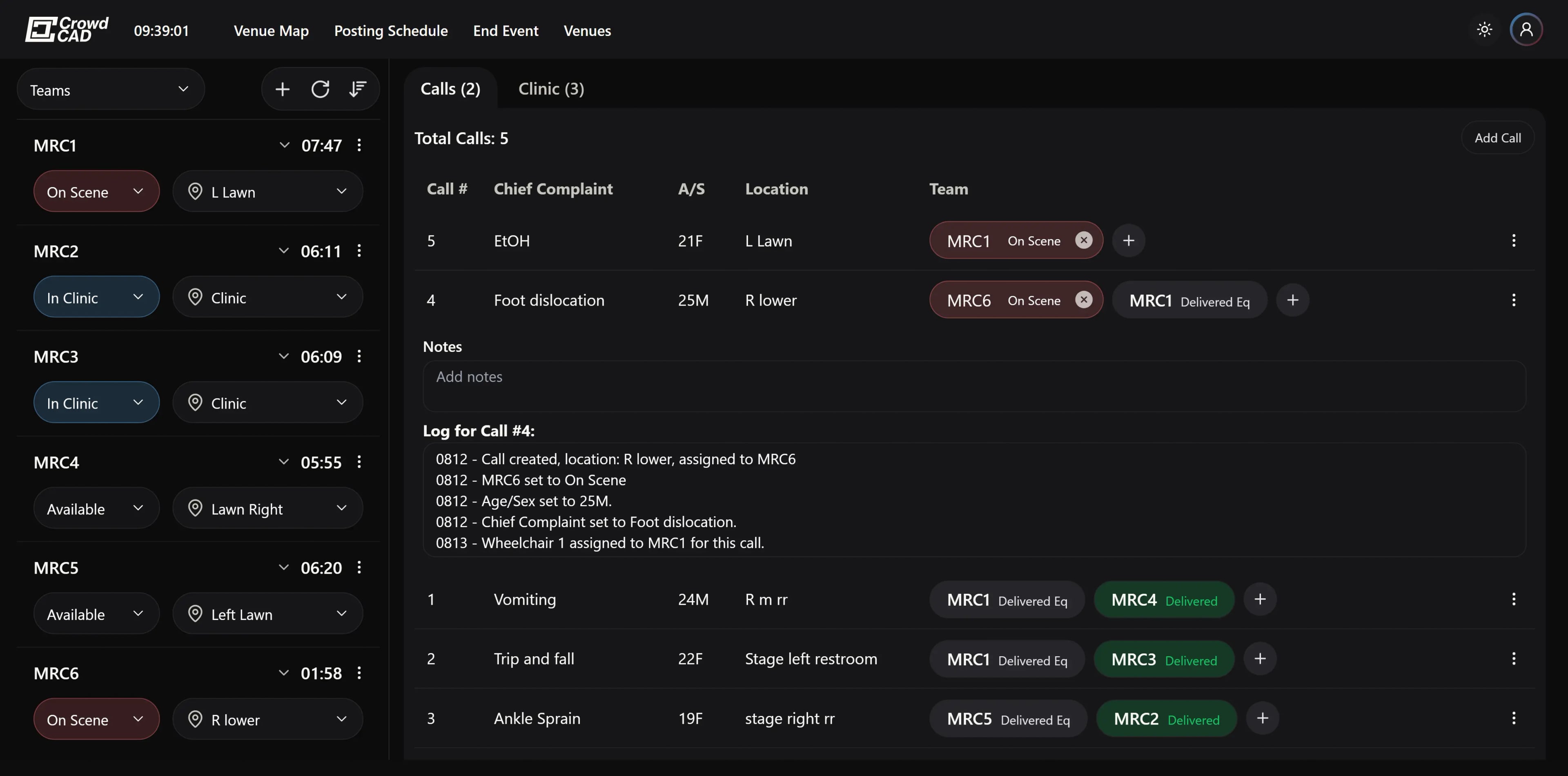CrowdCAD dispatch interface with calls, team status, and venue context